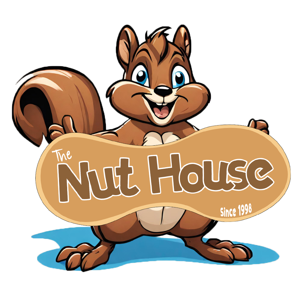 Logo of the Nut House, with a squirrel holding a sign saying the Nut House